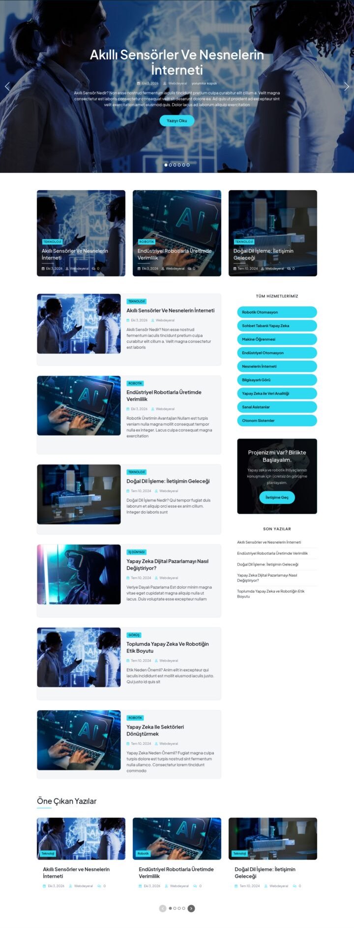AI Robotik web sitesi Blog sayfası görünümü