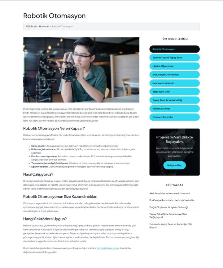 AI Robotik web sitesi Hizmet Detay sayfası görünümü