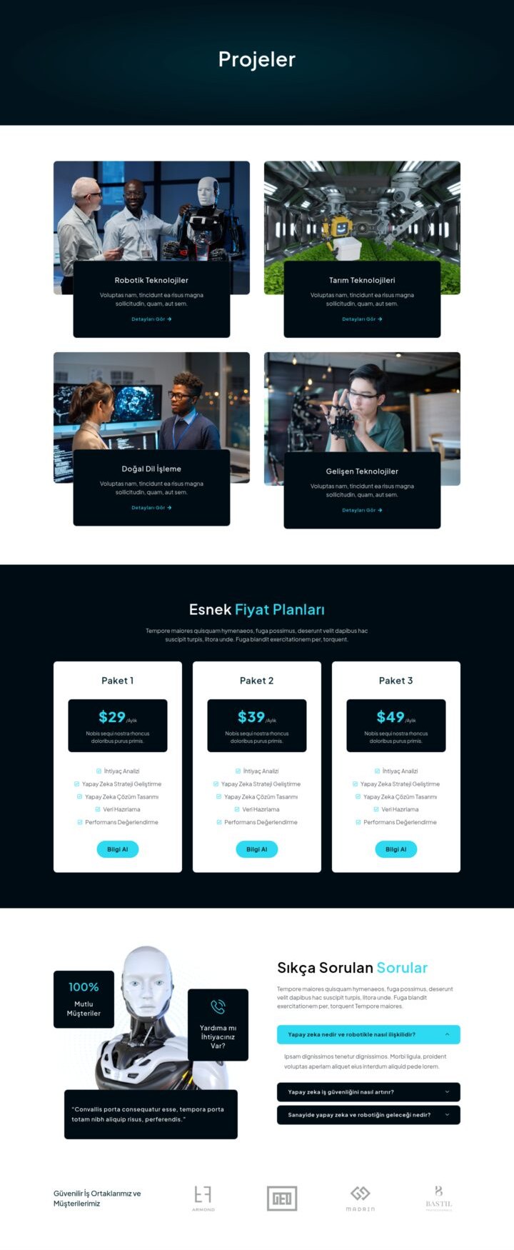 AI Robotik web sitesi Projeler sayfası görünümü