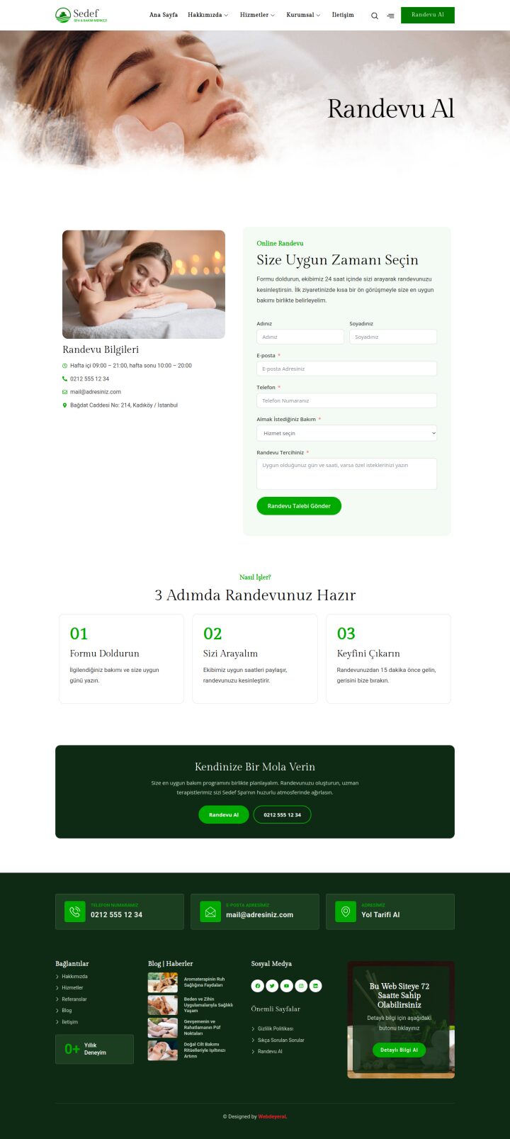 Spa Merkezi Randevu Al sayfası