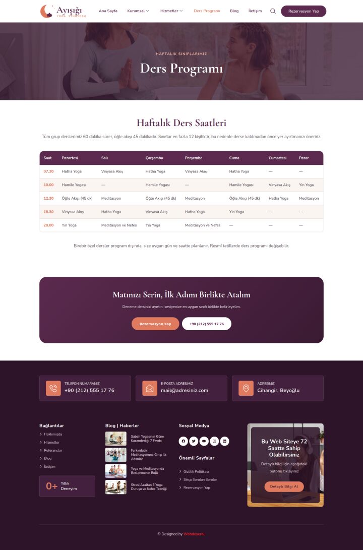 Yoga Ders Programı sayfası