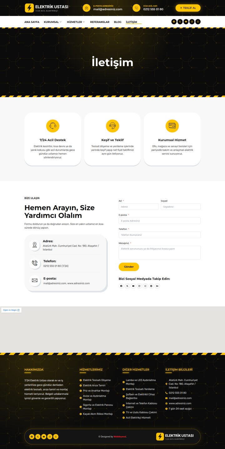 Elektrik Ustası İletişim sayfası